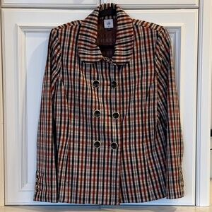 CAbi plaid double-breasted blazer jacket size M — rust / black / cream tones